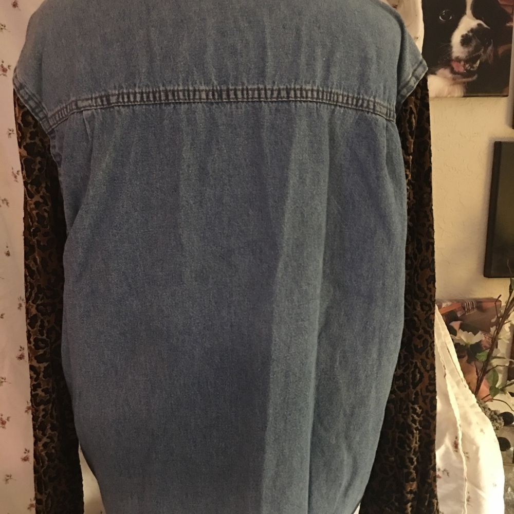 100% cotton blue Jean shirt, would leopard sleeves